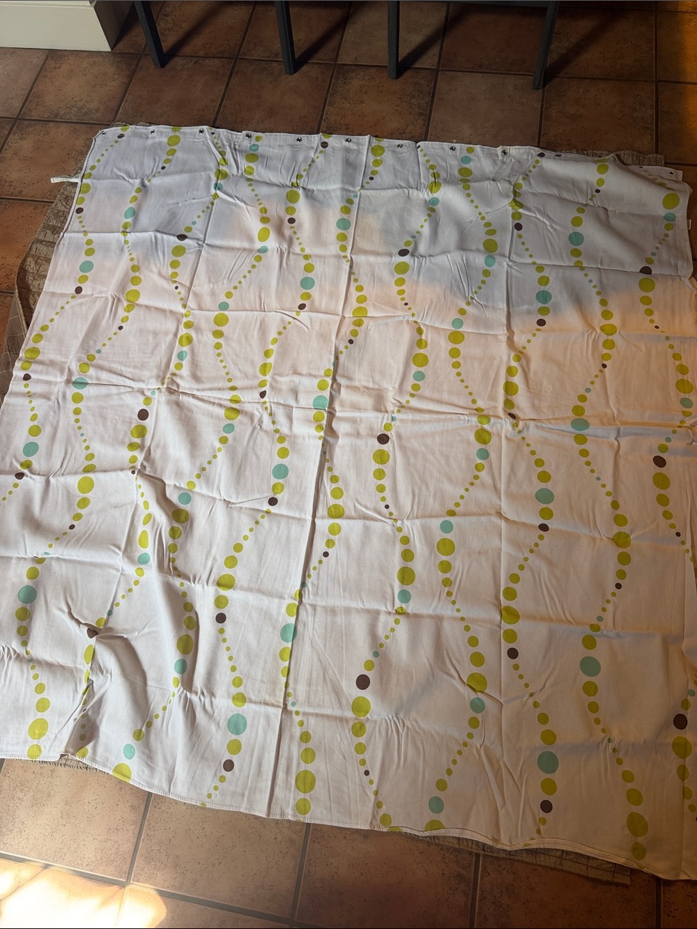 White Dotted Wave Shower Curtain with Green, brown and Aqua Accents